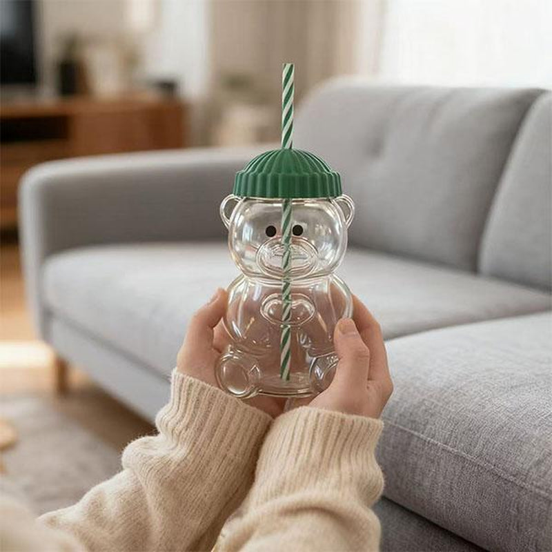 Holiday Bear Glass Cup with Straw, Cute Bear Cold Drink Cup, Festive Coffee & Beverage Glass, Adorable Bear Cup with Green Hat Lid, 2025 Seasonal Drinkware
