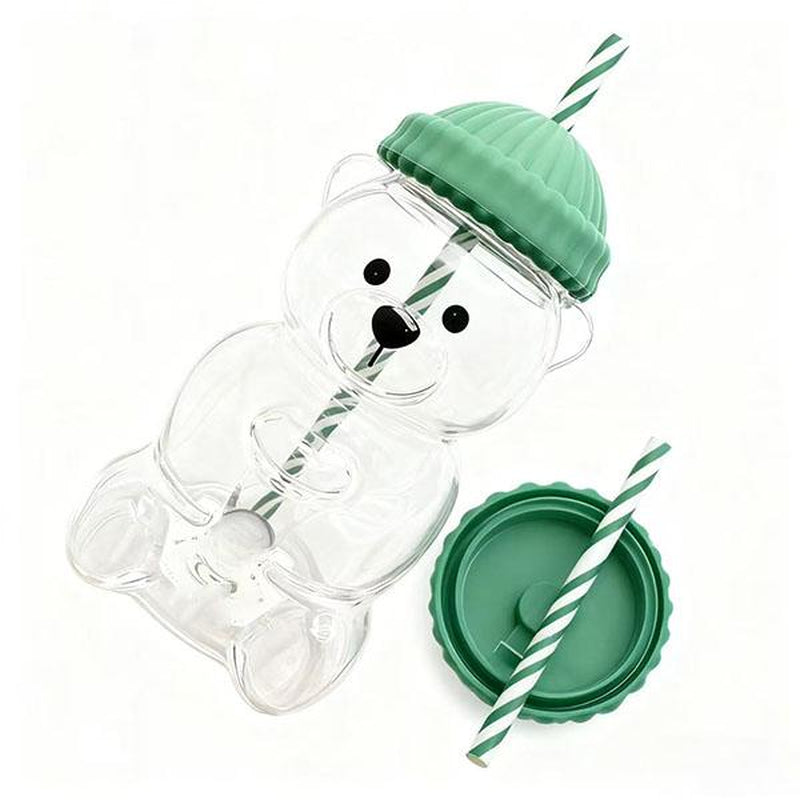 Holiday Bear Glass Cup with Straw, Cute Bear Cold Drink Cup, Festive Coffee & Beverage Glass, Adorable Bear Cup with Green Hat Lid, 2025 Seasonal Drinkware