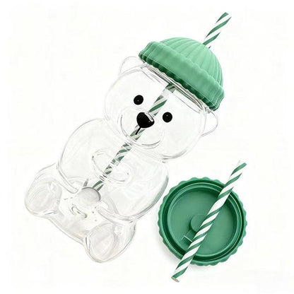 Holiday Bear Glass Cup with Straw, Cute Bear Cold Drink Cup, Festive Coffee & Beverage Glass, Adorable Bear Cup with Green Hat Lid, 2025 Seasonal Drinkware