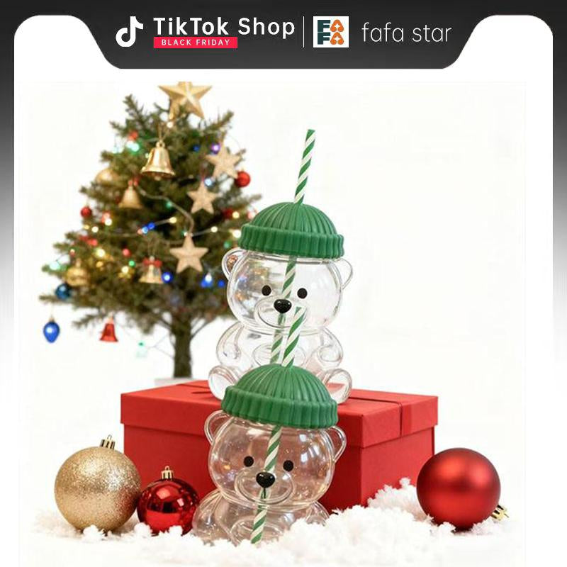 Holiday Bear Glass Cup with Straw, Cute Bear Cold Drink Cup, Festive Coffee & Beverage Glass, Adorable Bear Cup with Green Hat Lid, 2025 Seasonal Drinkware