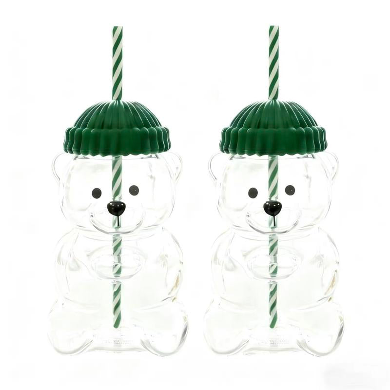 Holiday Bear Glass Cup with Straw, Cute Bear Cold Drink Cup, Festive Coffee & Beverage Glass, Adorable Bear Cup with Green Hat Lid, 2025 Seasonal Drinkware