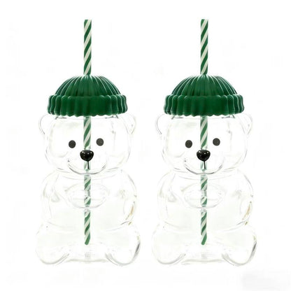 Holiday Bear Glass Cup with Straw, Cute Bear Cold Drink Cup, Festive Coffee & Beverage Glass, Adorable Bear Cup with Green Hat Lid, 2025 Seasonal Drinkware