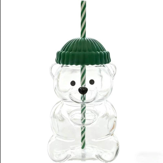 Holiday Bear Glass Cup with Straw, Cute Bear Cold Drink Cup, Festive Coffee & Beverage Glass, Adorable Bear Cup with Green Hat Lid, 2025 Seasonal Drinkware