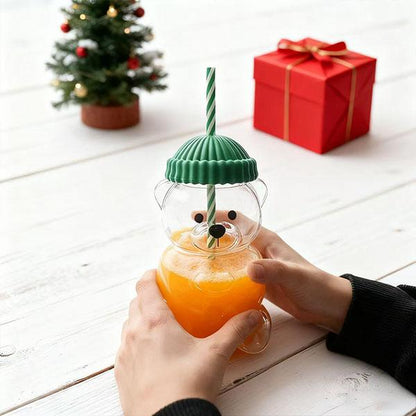 Holiday Bear Glass Cup with Straw, Cute Bear Cold Drink Cup, Festive Coffee & Beverage Glass, Adorable Bear Cup with Green Hat Lid, 2025 Seasonal Drinkware